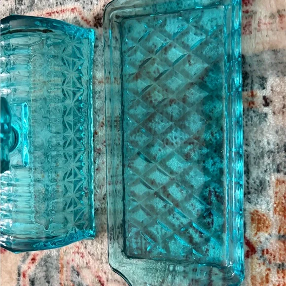 Vintage Teal Butterfly Glass Butter Dish - Picture 6 of 8